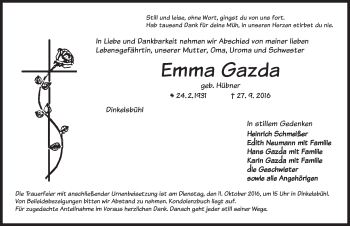 Traueranzeige von Emma Gazda von Dinkelsbühl/ Feuchtwangen