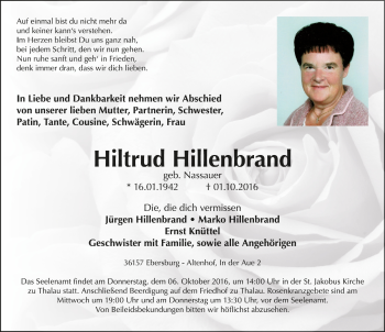 Traueranzeige von Hiltrud Hillenbrand 