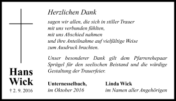 Traueranzeige von Hans Wick von Neustadt/ Scheinfeld/ Uffenheim