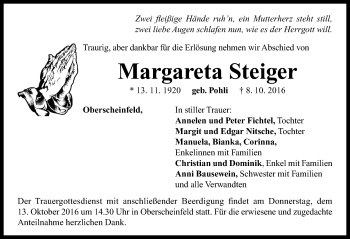 Traueranzeige von Margareta Steiger von Neustadt/ Scheinfeld/ Uffenheim