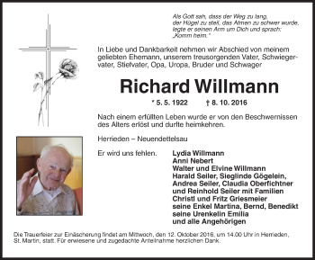 Traueranzeige von Richard Willmann von Ansbach