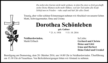 Traueranzeige von Dorothea Schönleben von Neustadt/ Scheinfeld/ Uffenheim