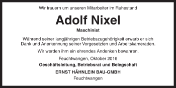 Traueranzeige von Adolf Nixel von Dinkelsbühl/ Feuchtwangen