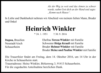 Traueranzeige von Heinrich Winkler von Neustadt/ Scheinfeld/ Uffenheim