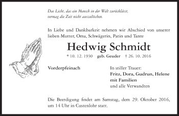 Traueranzeige von Hedwig Schmidt von Neustadt/ Scheinfeld/ Uffenheim