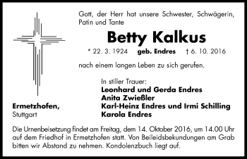 Traueranzeige von Betty Kalkus von Neustadt/ Scheinfeld/ Uffenheim