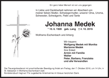 Traueranzeige von Johanna Medek von Ansbach