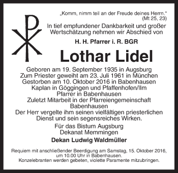 Traueranzeige von Lothar Lidel von Dinkelsbühl/ Feuchtwangen