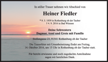 Traueranzeige von Heiner Fiedler von Fränkische Landeszeitung