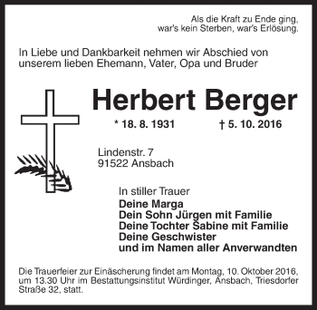 Traueranzeige von Herbert Berger von Ansbach