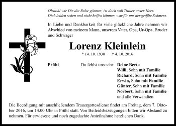 Traueranzeige von Lorenz Kleinlein von Neustadt/ Scheinfeld/ Uffenheim