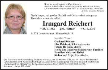 Traueranzeige von Irmgard Reichert von Ansbach