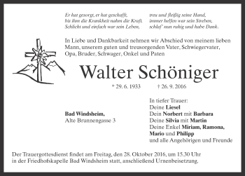 Traueranzeige von Walter Schöniger von Neustadt/ Scheinfeld/ Uffenheim