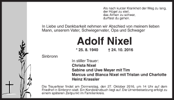 Traueranzeige von Adolf Nixel von Dinkelsbühl/ Feuchtwangen