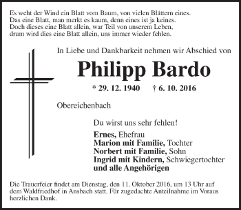 Traueranzeige von Philipp Bardo von Ansbach