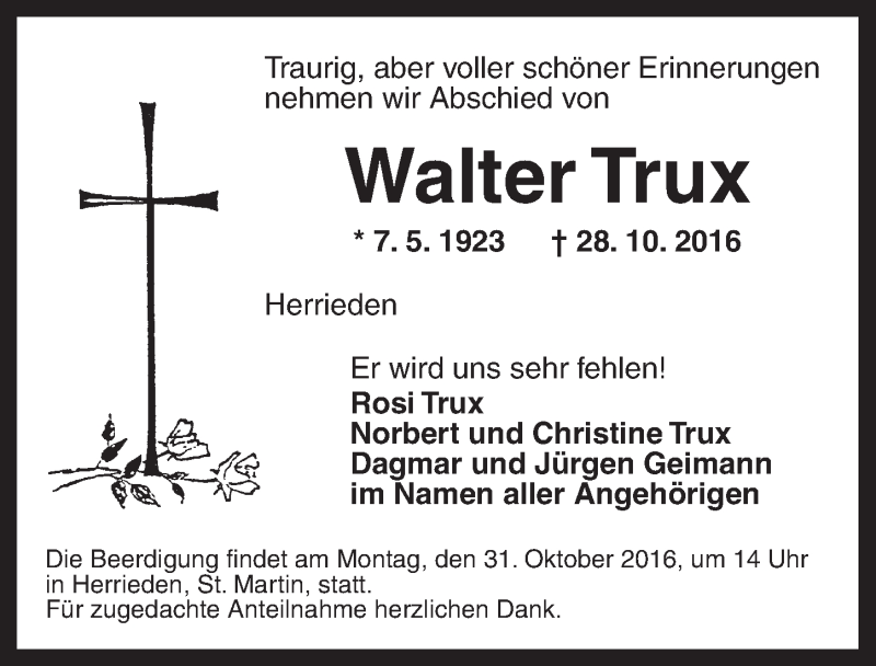  Traueranzeige für Walter Trux vom 29.10.2016 aus Dinkelsbühl/ Feuchtwangen
