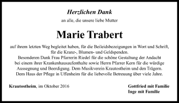 Traueranzeige von Marie Trabert von Neustadt/ Scheinfeld/ Uffenheim