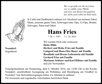 Traueranzeige von Hans Fries von Neustadt/ Scheinfeld/ Uffenheim