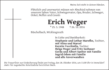 Traueranzeige von Erich Weger von Ansbach