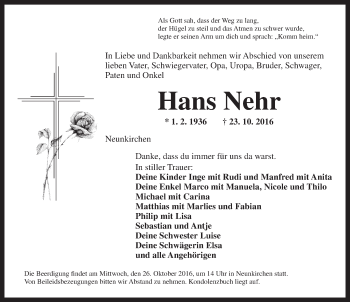 Traueranzeige von Hans Nehr von Ansbach