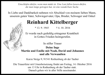 Traueranzeige von Reinhard Kittelberger von Rothenburg