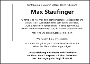 Traueranzeige von Max Staufinger von Dinkelsbühl/ Feuchtwangen