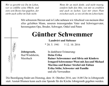 Traueranzeige von Günther Schwemmer von Neustadt/ Scheinfeld/ Uffenheim