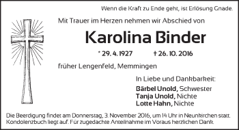 Traueranzeige von Karolina Binder von Ansbach