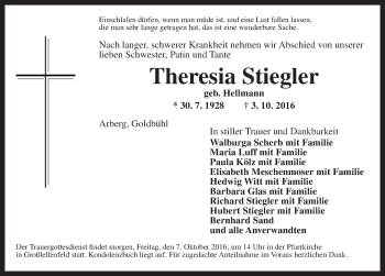 Traueranzeige von Theresia Stiegler von Ansbach