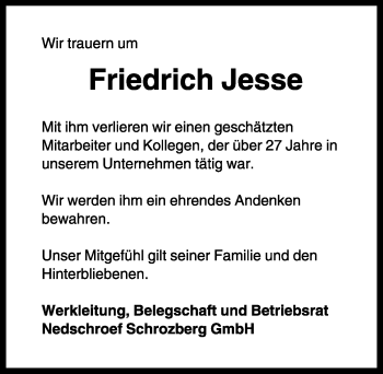 Traueranzeige von Friedrich Reinhold Jesse von Rothenburg