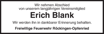 Traueranzeige von Erich Blank von Dinkelsbühl/ Feuchtwangen