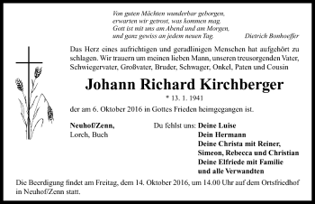 Traueranzeige von Johann Richard Kirchberger von Neustadt/ Scheinfeld/ Uffenheim