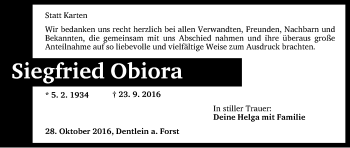 Traueranzeige von Siegfried Obiora von Dinkelsbühl/ Feuchtwangen