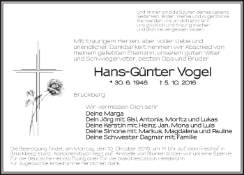 Traueranzeige von Hans-Günter Vogel von Ansbach