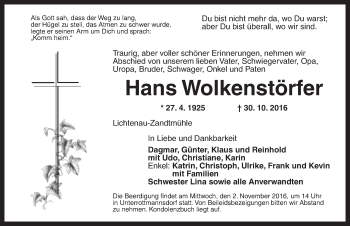 Traueranzeige von Hans Wolkenstörfer von Ansbach