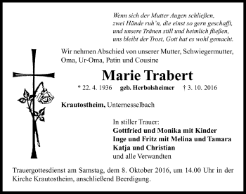 Traueranzeige von Marie Trabert von Neustadt/ Scheinfeld/ Uffenheim