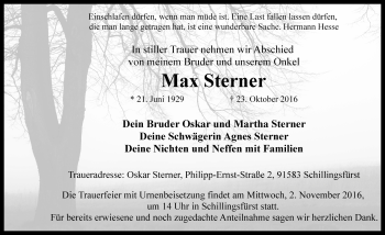 Traueranzeige von Max Sterner von Rothenburg