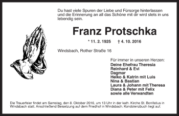 Traueranzeige von Franz Protschka von Ansbach