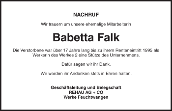 Traueranzeige von Babetta Falk von Dinkelsbühl/ Feuchtwangen