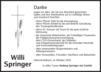 Traueranzeige von Willi Springer von Dinkelsbühl/ Feuchtwangen