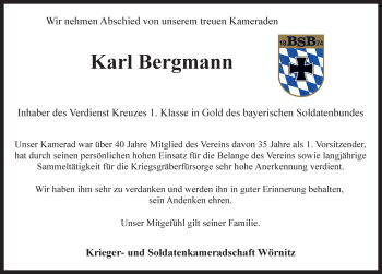 Traueranzeige von Karl Bergmann von Rothenburg