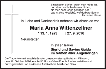 Traueranzeige von Maria Anna Wittenzellner von Ansbach