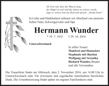 Traueranzeige von Hermann Wunder von Neustadt/ Scheinfeld/ Uffenheim