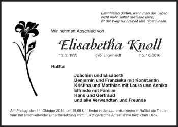 Traueranzeige von Elisabetha Knoll von Ansbach