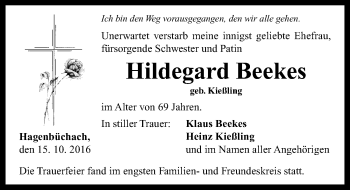 Traueranzeige von Hildegard Beekes von Neustadt/ Scheinfeld/ Uffenheim