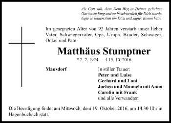 Traueranzeige von Matthäus Stumptner von Neustadt/ Scheinfeld/ Uffenheim