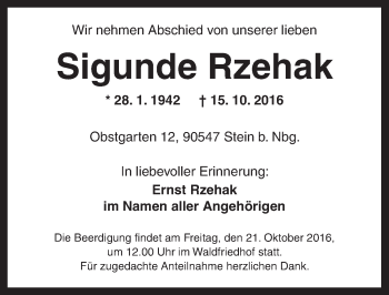 Traueranzeige von Sigunde Rzehak von Ansbach