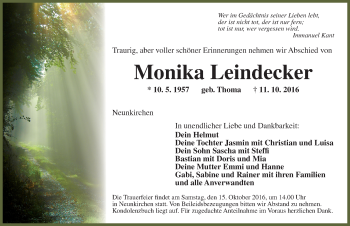 Traueranzeige von Monika Leindecker von Ansbach