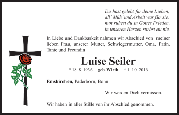 Traueranzeige von Luise Seiler von Neustadt/ Scheinfeld/ Uffenheim