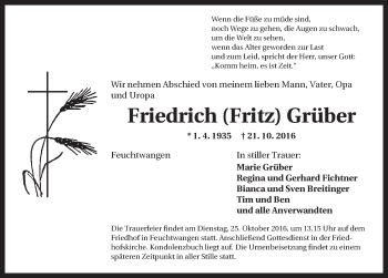 Traueranzeige von Friedrich Grüber von Dinkelsbühl/ Feuchtwangen